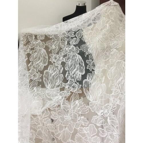 1 yard Fine Clear Sequin Tulle Lace Fabric with Big Leaf Flower for bridal dresses, Off-White Bridal Gown Wedding Fabric by yard