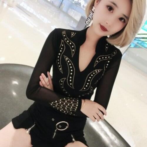 #5552 Black Red Green Basic T-shirt Women Stand Collar Sexy Club Stretch Womens Tee Shirts Sexy Long Sleeved T Shirt With Rivet