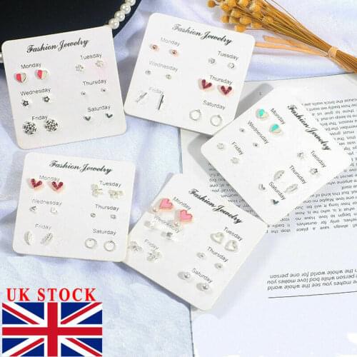 6pair Women Square Crystal Heart Stud Earrings for Women Piercing Simulated Pearl Flower Earrings