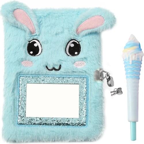 A5 Kawaii Cute Cartoon Plush Notebook Diary Journal Notepad Handbook Note Book with Lock Slow Rebound Gel Pen Back to School
