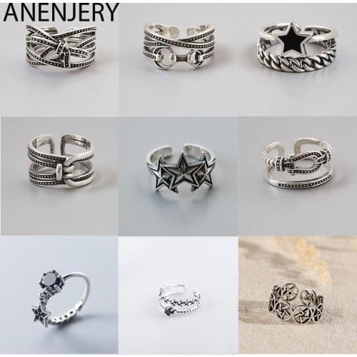 ANENJERY 925 Sterling Silver Vintage Rings For Men Women Size 16mm-18mm Adjustable Handmade Thai Silver Rings S-R460