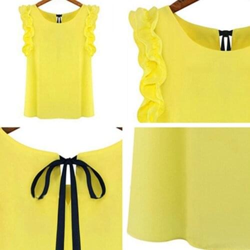 Womens Blouse Summer Fashion Lotus Leaf O-Neck Casual Shirt Ladies Bow Chiffon Blouses Tops S-XL White Yellow