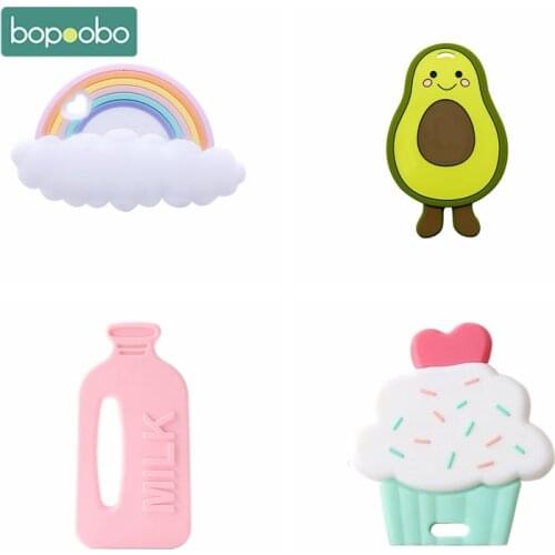 Bopoobo 1Pc Silicone Teether Rainbow Cake Teething Avocado Cartoon Pearls Silicone Rattle Baby Teether 0-12 Months Baby Toy