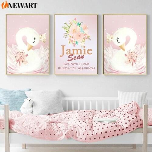 Nursery Personalized Poster Custom Baby Girl Name Canvas Painting Pictures Pink Swan Crown Wall Art for Girls Bedroom Decor