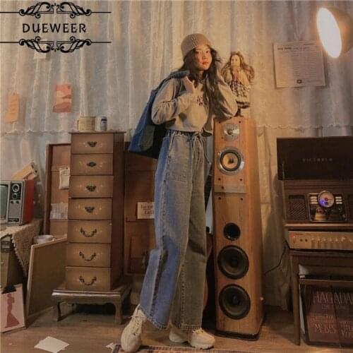 Dueweer Denim Jeans Women High Waist Drawstring Ruffles Solid Retro Loose Simple All-match Casual Streetwear Harajuku Chic
