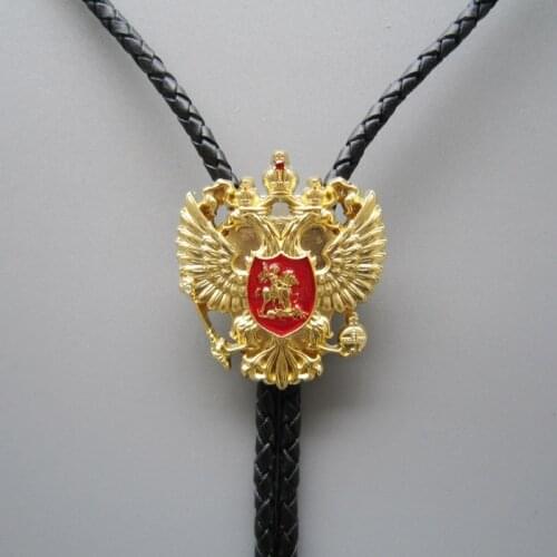 Original Gold Plated Russian Double Headed Empire Eagle Rhinestone Bolo Tie Leather Necklace Neck Tie