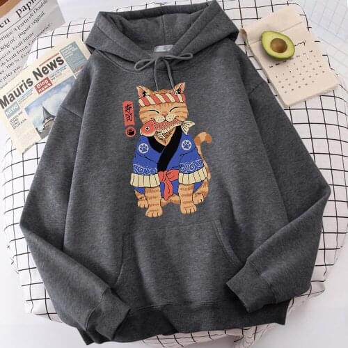 Fish Cat Sushi Japanese Style Ukiyoe Printing Men Hoodies Fleece 2021 Comfortable Clothing Soft New 2021 Fashion Mens Hoody