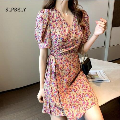 SLPBELY Womens Dresses Sexy V Neck Floral Print Short Sleeve Lace Flared Floral Dress Beach Dress Mini Dress Wrap Sundress Robe