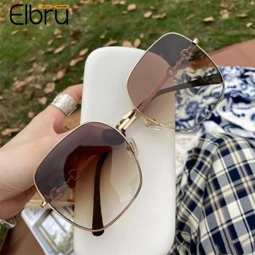 Elbru Vintage Square Large Frame Sunglasses Fashion Horsebit Metal Frame Colorful Lens Sunshades UV400 Sun Glasses For Men Women