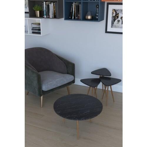 Modern 3'lü Triangle Zigon Coffee table, Serving Stand and Paris Medium Tripod-Black marble coffe table table bassee