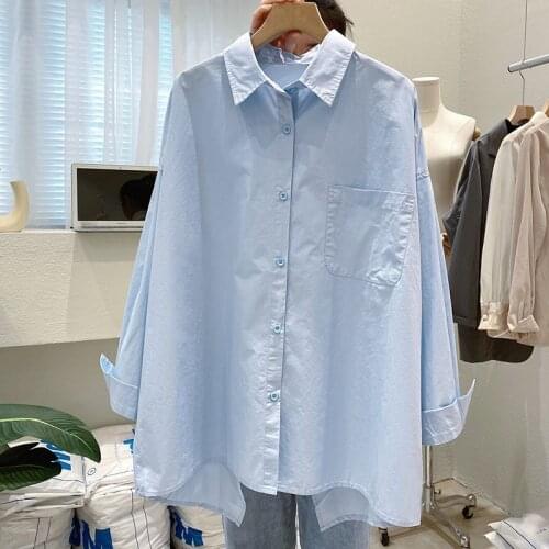 Korean Style Button Up Shirts Womens Back Split Asymmetry Cross Front Pocket Looose Blouse Solid Color Long Sleeve Collar Tops