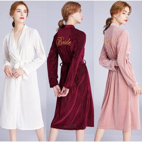 QUBILAH Womens Velvet Nightgown Wedding Dressing Gown Embroidery Bride Cardigan Dressing Wholesale Bathrobe Bridesmaid Robes