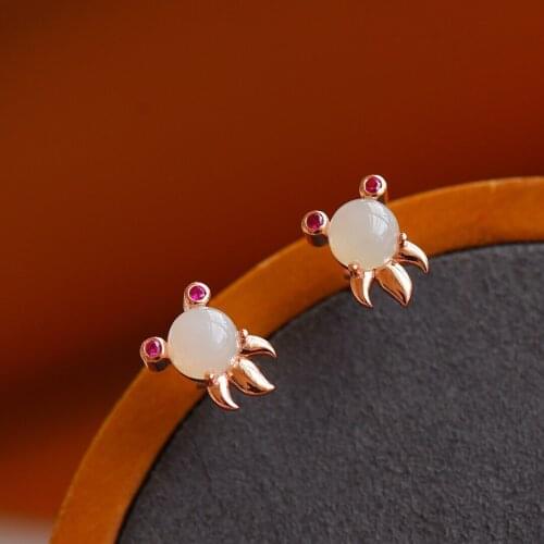 Natural 925sterling silver goldfish inlaid hetian white jade beads simple retro earrings jewelry individuality for woman earings