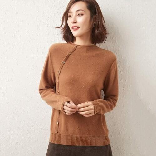 100% Pure Wool Sweater Women Autumn Winter Round Neck All-Match Sweater Loose Sequins Sidebar Fashion Knit Bottoming Shirt Top