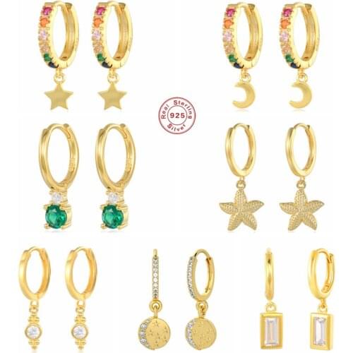 Aide 925 Sterling Silver Rainbow Zircon CZ Star Moon Charm Dangle Earrings For Women Luxury Starfish Drop Earrings Pendiente