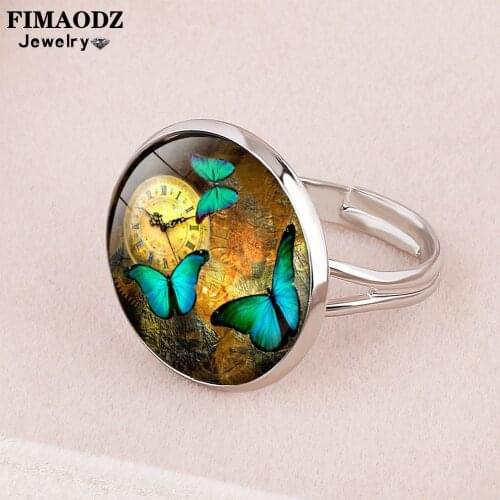 FIMAODZ Vintage Clock Butterfly Ring Flower Insect Glass Cabochon Rings for Women Girl Animal Jewelry