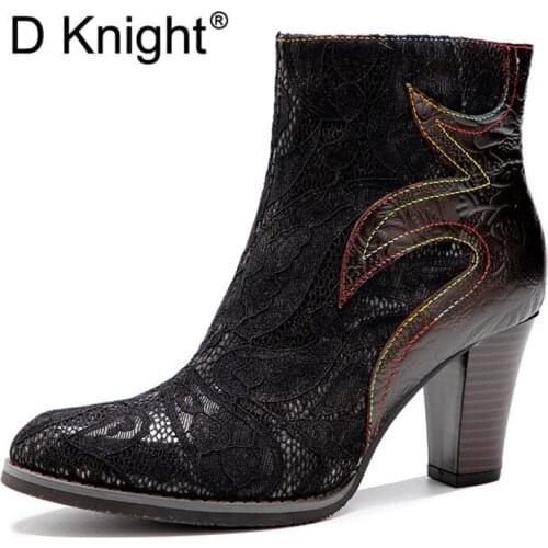 French Retro Genuine Leather Ladies Ankle Boots Shoes Handmade Lace Metal Dark Gothic High Thick Heels Shoes Womens Basic Boots