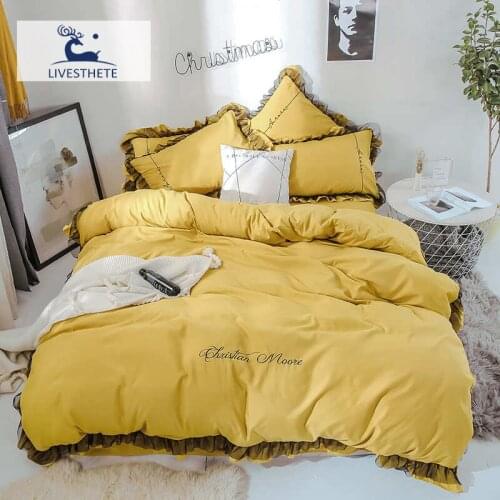 Liv-Esthete Luxury Beauty Yellow 100% Cotton Bedding Set Lace Printed High Quality Duvet Cover Flat Sheet Queen King Girl Gift