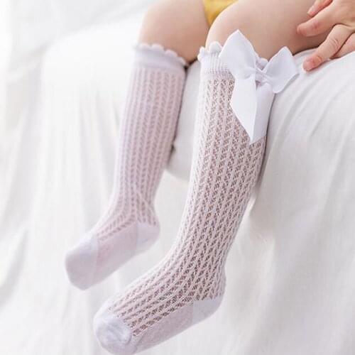 Cute Girls Knee High Socks Bowknet Cotton Breathable Soft Children Socks Hollow Out Non-slip Sock Newborn Infant Long Sock