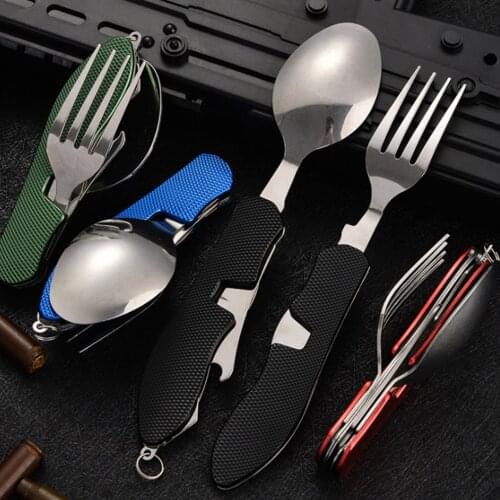 Multifunction Portable Fork Knife Stainless Steel Folding Detachable Tableware Camping Hik Travel Unique Compact Fork Knife Tool