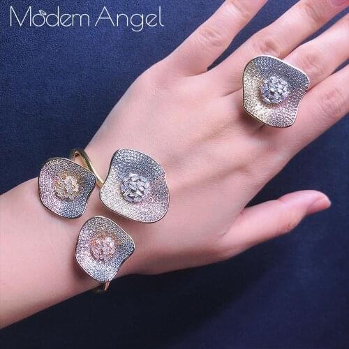 ModemAngel Luxury Lotus Leaf Cubic Zirconia Pave Women Wedding Naija Dubai Party Engagement Dress Jewelry Set