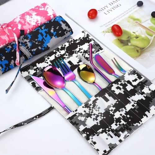 304 stainless steel knife fork spoon Straw cutlery set portable camouflage Western tableware