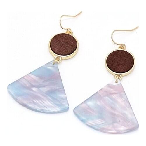 Brand New Fashion Fan-shaped Round Disc Wood Big Sector Pink Resin Stone Drop Earrings for Women