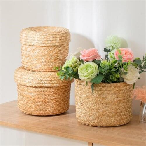 Storage Box 3 Pcs/Set Handmade Straw Woven Basket With Lid Snack Rattan Storage Organizer Flower Vase