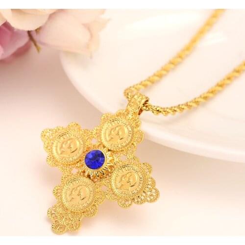 Coin Cross Pendants Italian rope Necklaces Red Green Blue Solitaire 24 k Solid Fine Gold Filled Exquisite Jewelry Boxed