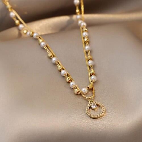 Origin Summer Luxury Double Layer Beaded Circle Pendant Necklace for Women Hollow Gold Color Imitation Pearl Necklace Jewelry