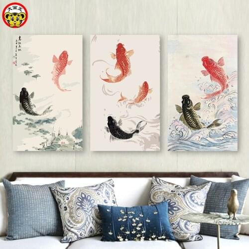 Painting by numbers art paint by number Diy Chinese wind pond red carp background wall hand-painted decorative Koi fish taking