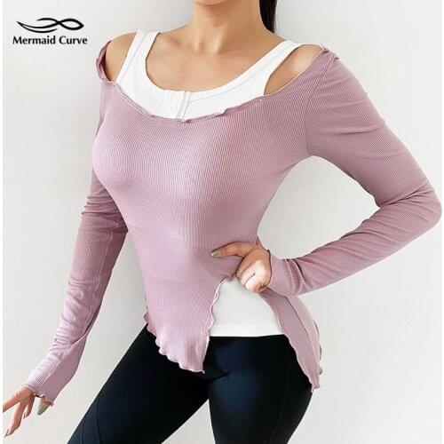Mermaid Curve Spring Ribbing Fabric Women Fake Two Pieces Yoga Shirts Quick-Drying Slim Long-Sleeve Running Fitness Sports Top