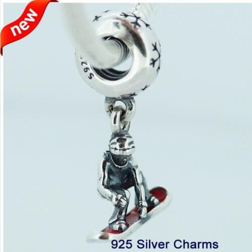 Fit for Pandora Bracelet 100% 925 Sterling Silver Beads Snowboarder with Red Enamel Silver Charms DIY Making Jewelry FL089