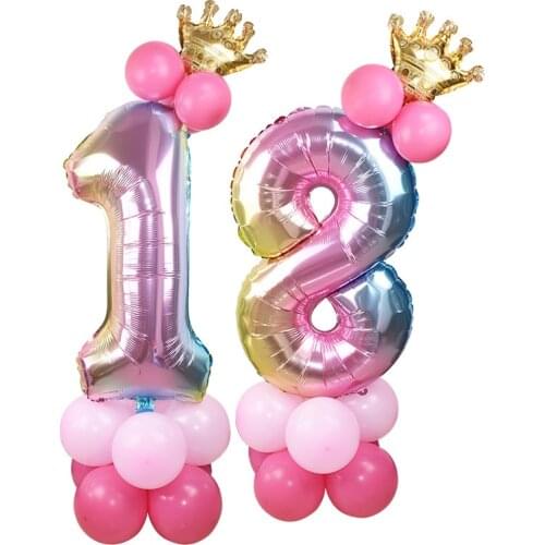 Number Balloon Set Rainbow Rose Gold 32 Inch Digital Foil Balloons with Crown Helium Ballon Wedding Decor Birthday Party Supplie