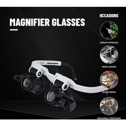 Loupe Magnifier Glasses Head Mount with LED Light Adjustable Glasses Bracket Watch Repair Magnifier for Mechanical Processing