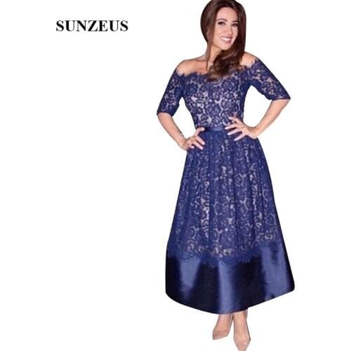 Vintage Lace Mother Of The Bride Dresses Navy Blue Ankle Length Women Party Gowns Off Shoulder Half Sleeve Wedding Guest Dress