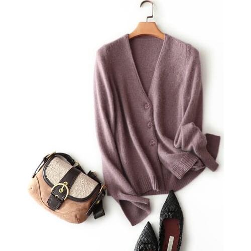 SHUCHAN Knitted Cardigan 30% Cashmere+70% Wool Single Breasted V-Neck Vintage Spring/Autumn Sweater Women 2021