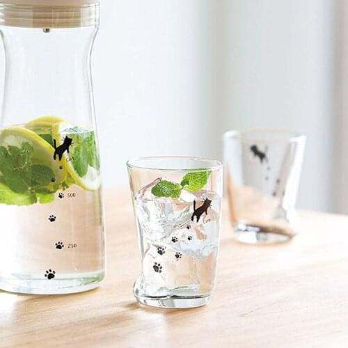 Japanese-stylen Lead-free glass cup Cute cat and dog footprints Creative Small Water cup Printed milk cups Household glassware