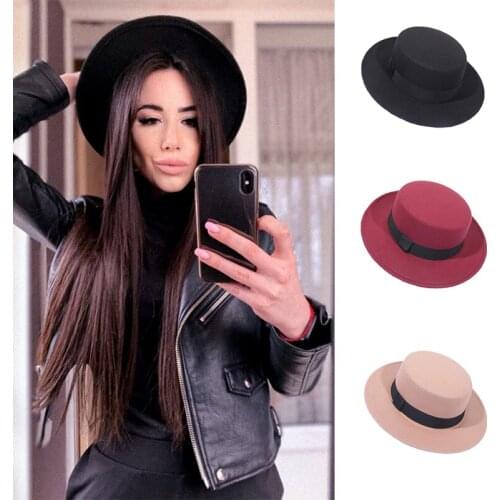 Spring Autumn Wool Boater Flat Top Hat For Womens Felt Wide Brim Fedora Hat Jazz Cap Classic Bowler Gambler Top Hat