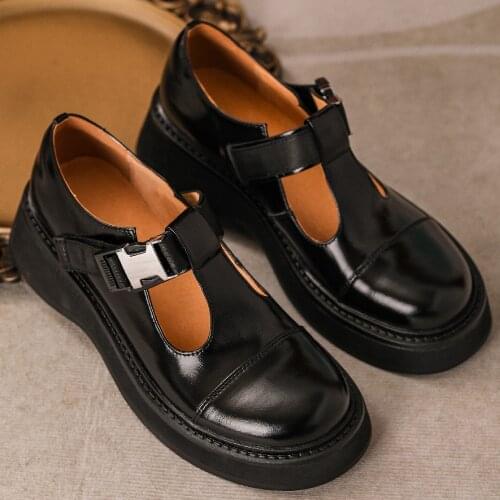 Womens genuine leather thick sole platform flats t-strap casual female footwear round toe punk student style daily girl shoes