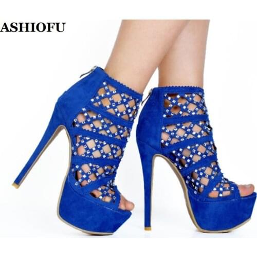 ASHIOFU New Arrival Handmade Womens High Heel Sandals Crystals Peep-toe Sexy Club Summer Shoes Classic Evening Fashion Sandals