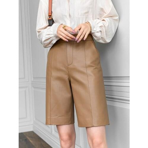 High Quality Real Sheepskin Leather Short Knee-length Womens Clothing Simple Female High Waist Shorts Vetement Femme Zjt2400