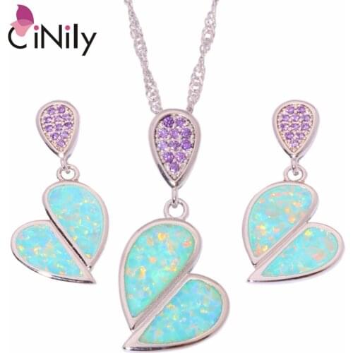 CiNily Created Green Fire Opal Purple Zircon Silver Plated Wholesale Heart for Women Jewelry Pendant Earrings Jewelry Set OT132