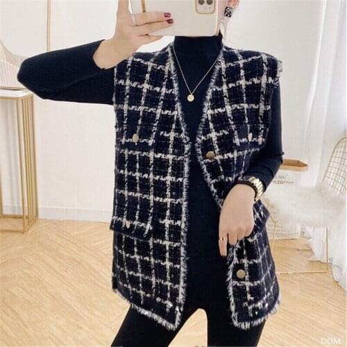 2020 Autumn Korean Vintage Elegant Tweed Women Vest Single-Breasted Color-Blocked Pockets Buttons Fashion Ladies Vest Femme