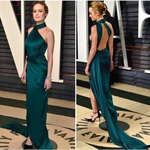 Sexy Long Halter Dark Green Celebrity Dresses Mermaid Robe De Soiree Floor Length Open Back Side Slit Formal Dresses for Women