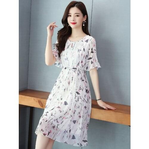 Temperament Waist Thin Floral Print Half Lotus Leaf Sleeve O-neck Knee-length A-line Elegant Chiffon Women Dress Party Dress