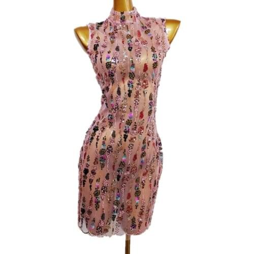 Multi-color Sequin Pink Transparent Dress Birthday Women Evening Outfit Bar Dance Mesh Embroidery Sleeveless Sexy Dress