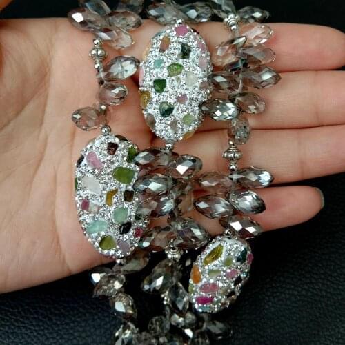 YYGEM 8'' 3 Strands Gray top-drilled Crystal faceted teardrop strand Bracelet cz Pave Tourmaline chip Beads connector for women