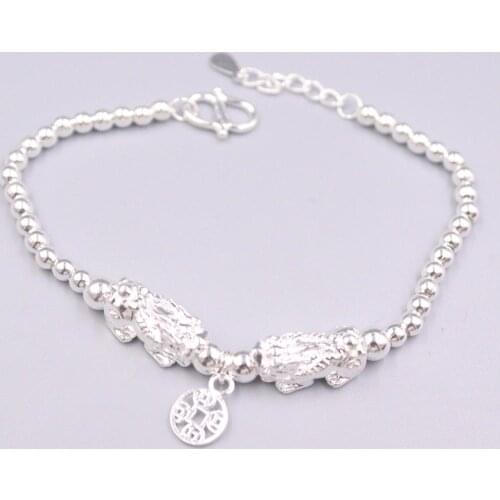 Real 999 Silver Bracelet For Women Girl Female Double Pixiu Dragon Son Coin Charms Womens Bracelet Link 7.5''L