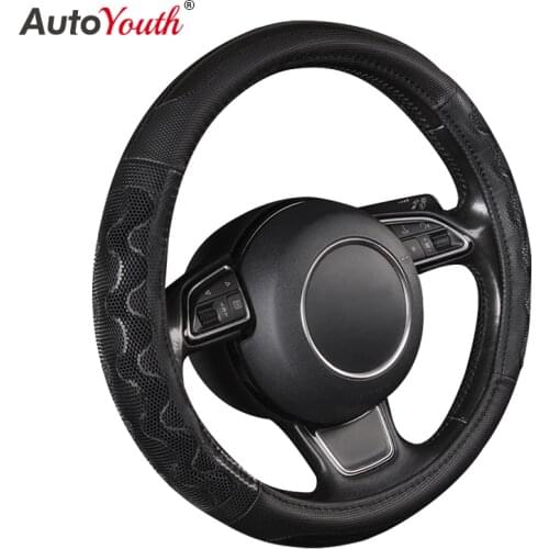 Car Steering Wheel Cover Pu Leather Universal Fit 37-38cm Breathable Antiskid Sporty Racing Style Auto Steering Wheel Cover